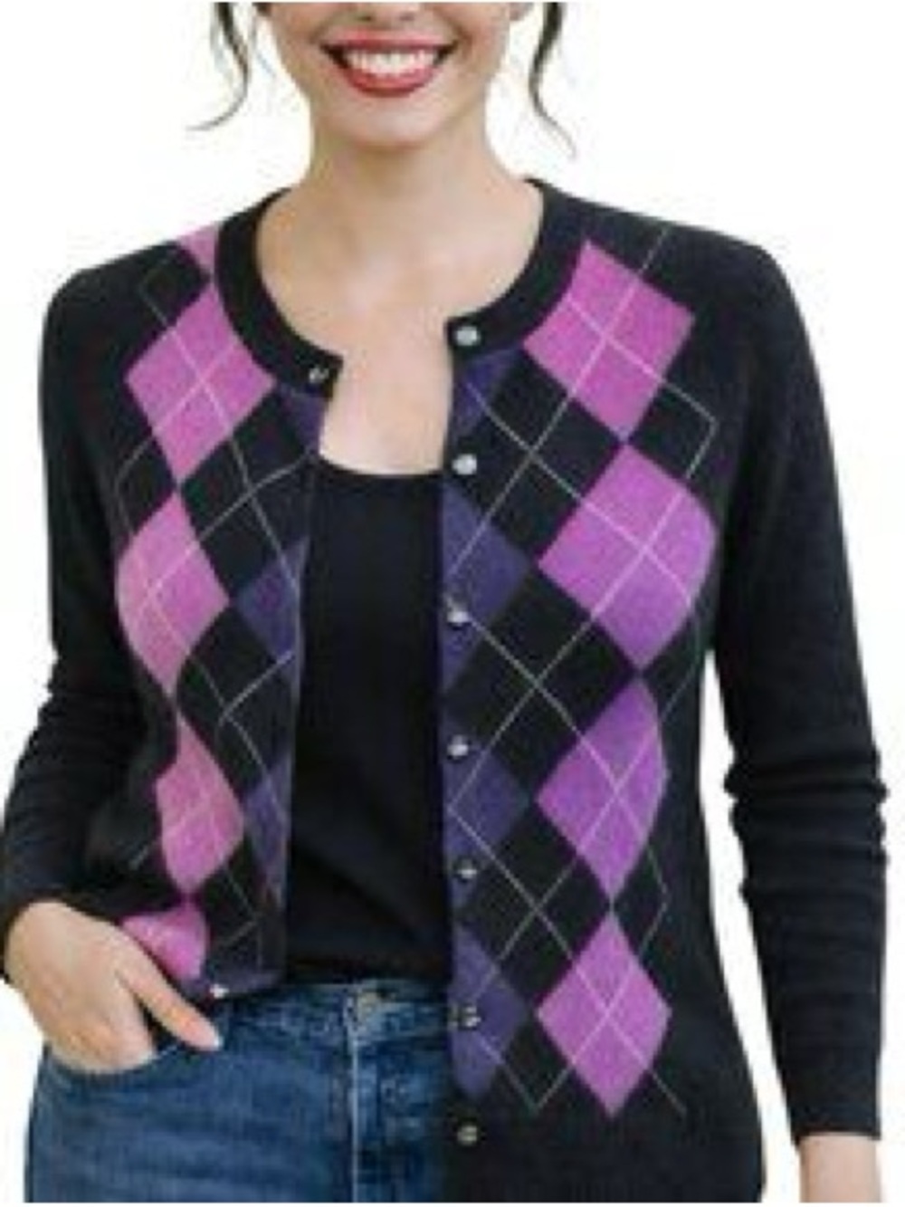 Women’s Black Cashmere Cardigan Pink Purple Argyle Preppy Academia office L